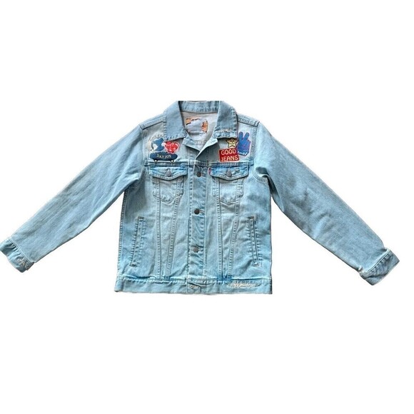 Levi's Jean Jacket Size Medium Women's Decorated Patches Distressed Light Rinse - Picture 1 of 10